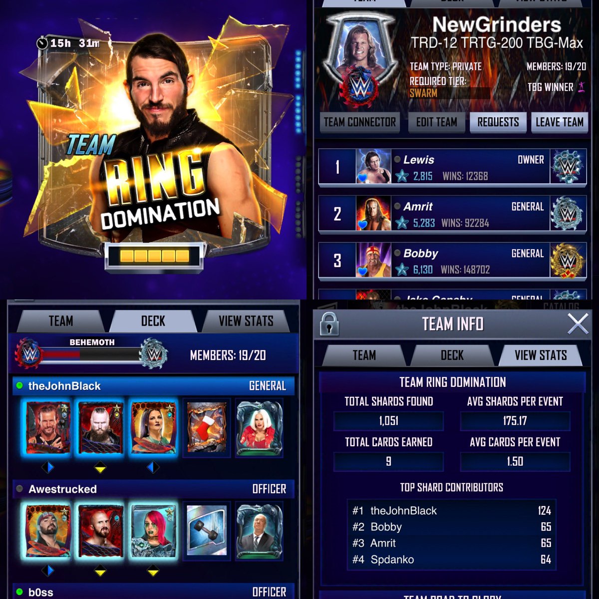 SC_theJohnBlack's tweet photo. We need one more Swarm + or higher for #TRD #TeamRingDomination we will obviously be going for #Behemoth #Swarm and perhaps #BioMech if everyone grinds. DM with Info and Proof Activity in Team Events. We use @discord add theJohnBlack#3156 @WWESuperCard #wwesupercard #SuperCard https://t.co/Wv9LAqoHD5