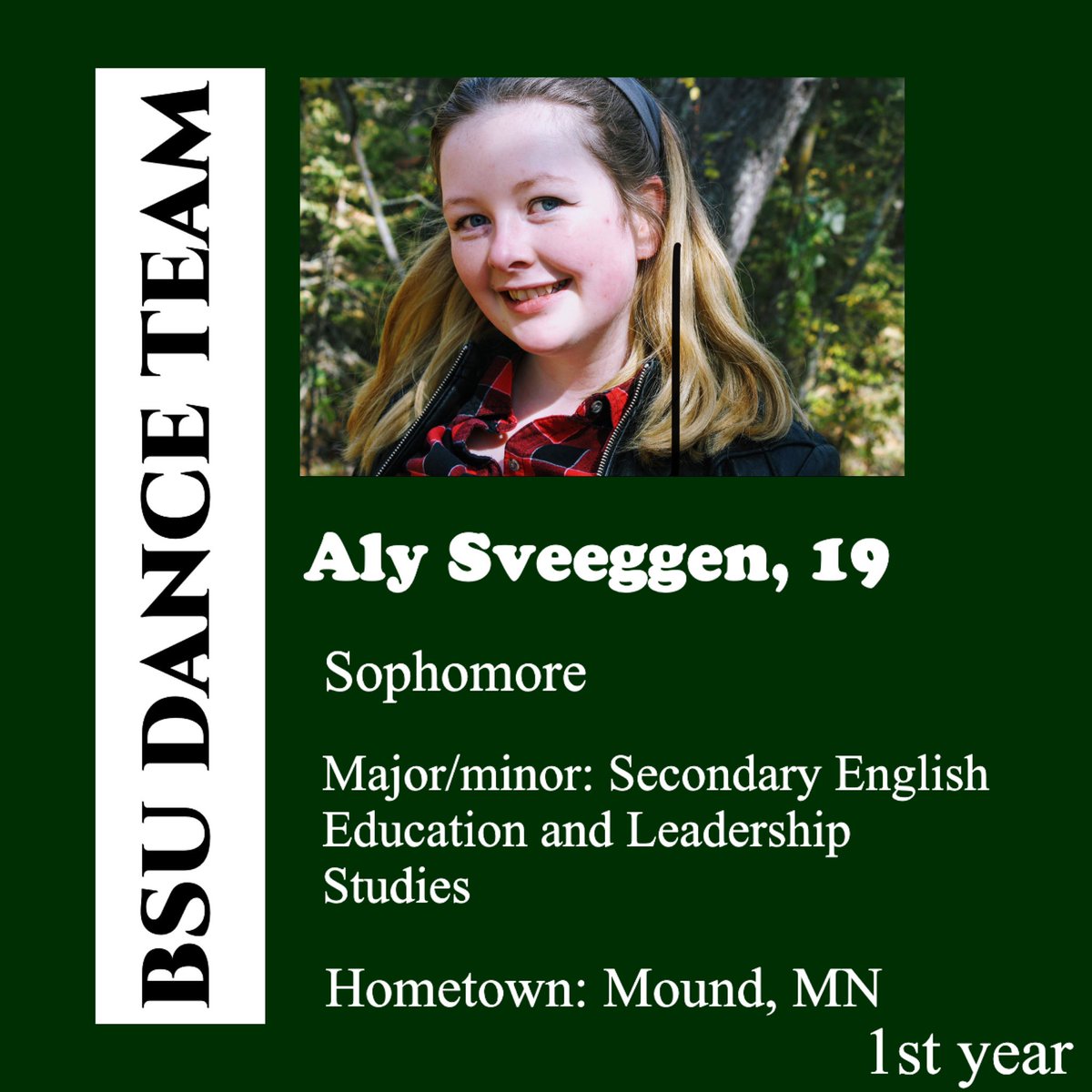 BSUDT's tweet photo. Meet Aly, another one of our newest members!

She was a figure skater for 4 years and is excited to try something new! Welcome💚 https://t.co/OaVTK5b0eu