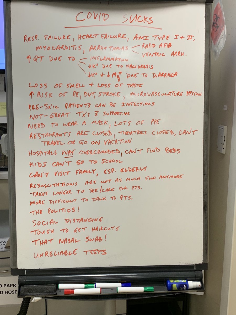 amalmattu's tweet photo. Sunday night shift: just some of the things I hate about Covid ⁦@UMEmergencyMed⁩ #FOAMed #WhiteBoardTeaching https://t.co/pKIvkxRqRU