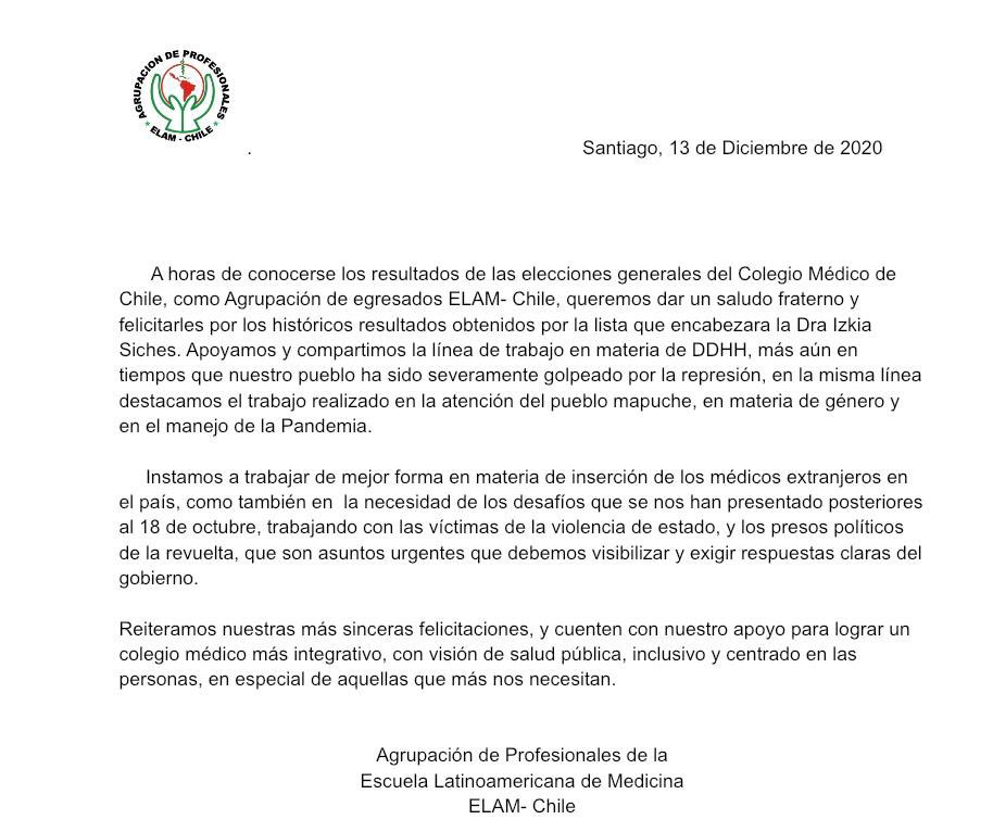 elam_chile's tweet photo. En ocasión del reciente triunfo en las elecciones del Colegio médico de Chile @colmed por la LISTA A #O2colmed encabezada por la
Dra @izkia Siches
La Agrupación @elam_chile manifiesta
#EleccionesColmed2020 #IzkiaPresidenta #ELAMChile https://t.co/M9ceqm4LcE