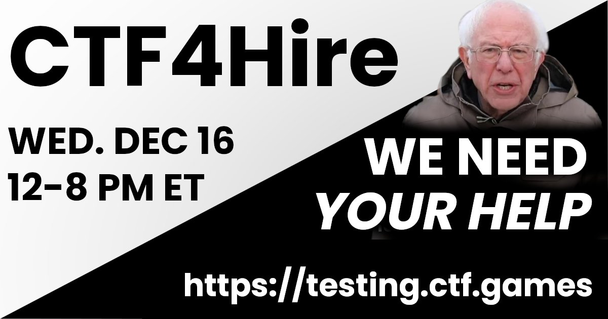 _JohnHammond's tweet image. For our CTF saga, we have made some new infrastructure changes and are testing new platform tweaks... but we need some &quot;beta-testers&quot; to play a small game to help us understand the load. We&apos;ll be hosting a &quot;testing&quot; game 12/16 -- want to help out? testing.ctf.games