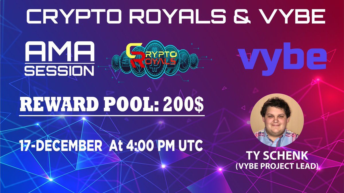 CryptoRoyals's tweet photo. 🔔 AMA Session with Vybe Finance 

Prize: 200$
Date: 17th December, 2020 
Time: 4:00 PM UTC
Venue: https://t.co/MvlI8utDI3

Rules: 
1. Follow @CryptoRoyals &amp; @VybeToken
2. Join Telegram: https://t.co/ikMGXjn0PS
3. Like,Retweet and comment Your best questions (Tag 3 friends) https://t.co/h675gRbACx