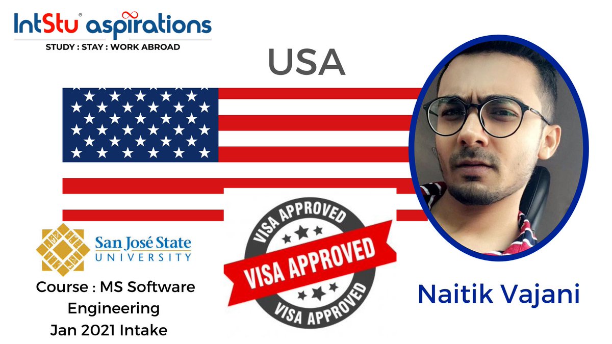 IntstuA's tweet photo. IntStu aspirations is pleased to announce the visa approval for January 2021 intake of our student Naitik Vajani for the course of MS Software Engineering at San Jose State University, USA.
To get enrol, call on 9081819807.
#StudyAbroad #Intstuaspirations  #coaching #IELTS #usa https://t.co/6gVMxs2UuE