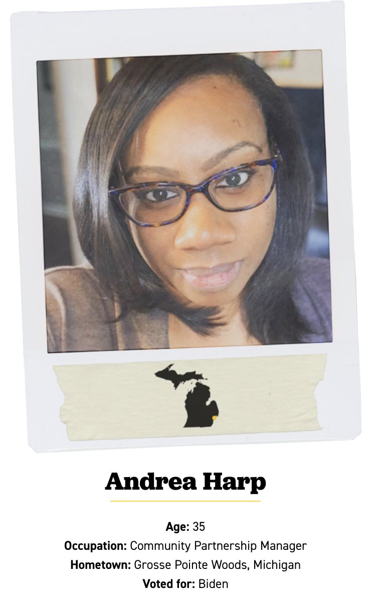Meet Andrea. She took issue w/ her peers grumbling about Biden: "I know that many black people are hoping for radical change. I want that too, but I believe there is so much work to be done... Joe Biden as president is the beginning of that work.”Is she optimistic? Not exactly.