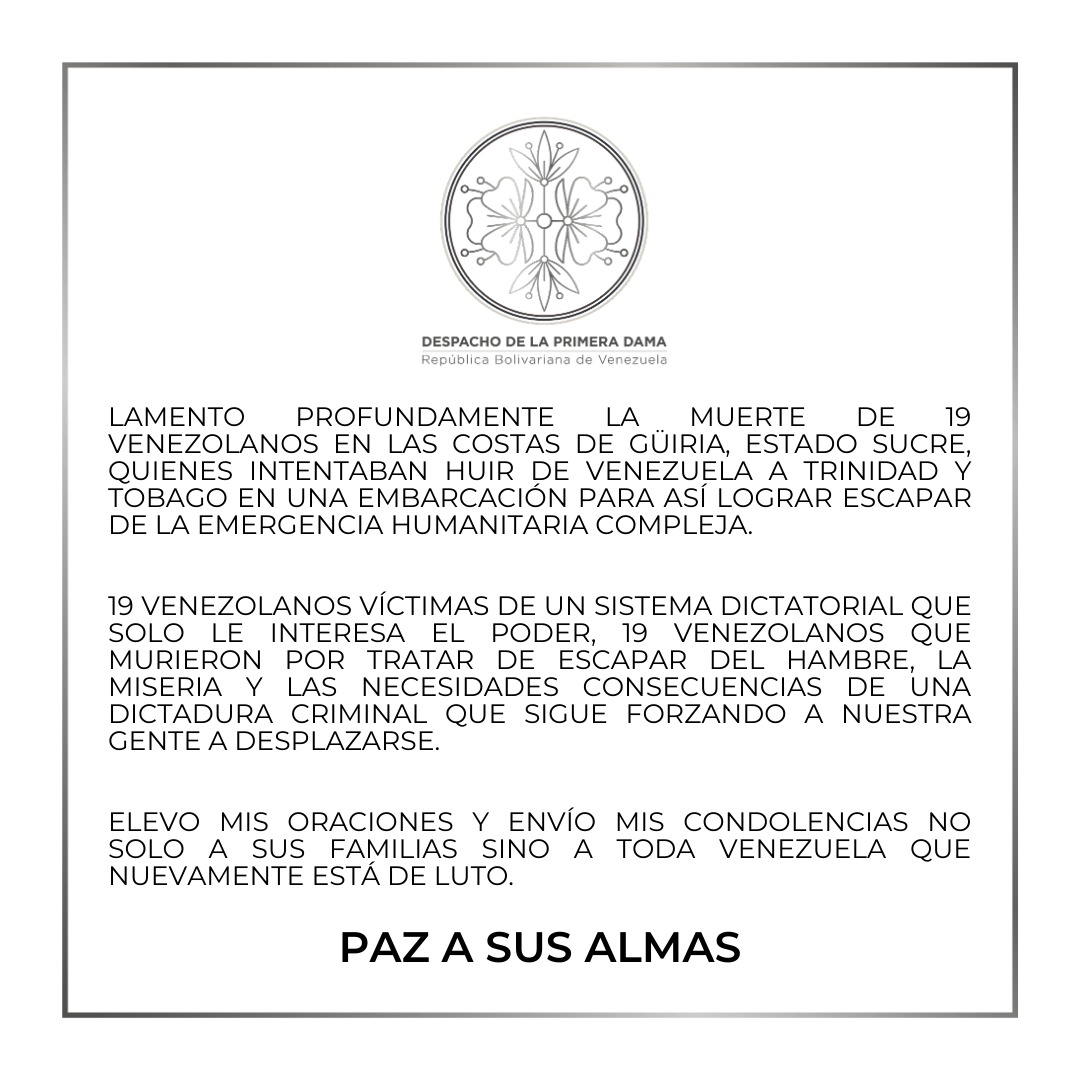 FabiiRosales's tweet photo. Lamento profundamente la muerte de 19 venezolanos en las costas de Güiria, estado Sucre, quienes intentaban huir de Venezuela a Trinidad y Tobago en una embarcación para así lograr escapar de la emergencia humanitaria compleja. https://t.co/bBsydp4mgp