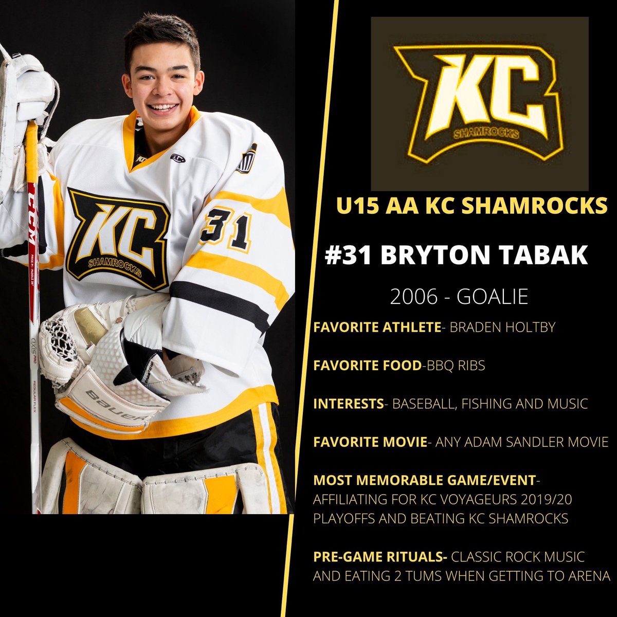 BantamAA_KC's tweet photo. Bryton Tabak, KC Shamrock’s other half of our goaltending dynamic duo. https://t.co/Dg8mQKQOc9