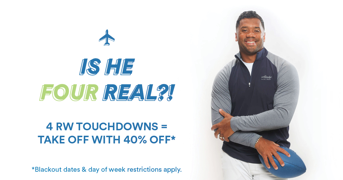 AlaskaAir's tweet photo. Don’t PASS this up—today, @DangeRussWilson scored you 40% off* a 2021 trip! Take off using discount code TOUCHDOWN40 for travel 1/5/21-3/11/21. Plus, 10% off* First Class fares! *Terms apply. Act fast—purchase by 11:59pm PT on Monday, 12/14/20. Book now: https://t.co/295xVAQLWL https://t.co/9IGFZEzdNl