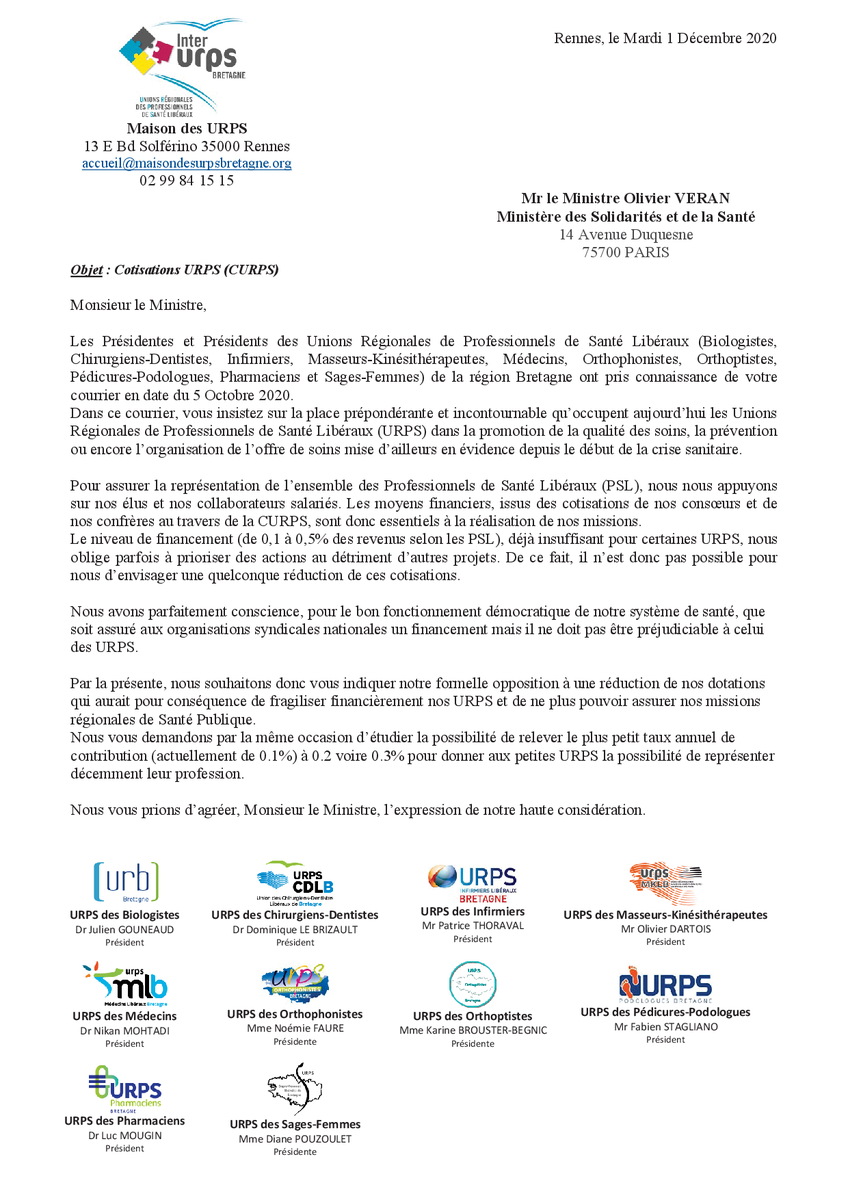 urps_mk_bzh's tweet photo. LETTRE OUVERTE DES URPS BRETONNES (UNIONS RÉGIONALES DES PROFESSIONS DE SANTÉ) A Mr LE MINISTRE Olivier VERAN (MINISTÈRE DES SOLIDARITÉS ET DE LA SANTÉ)

Pour consulter le courrier : https://t.co/JrNU0HICxw https://t.co/kWrKezCm8Q