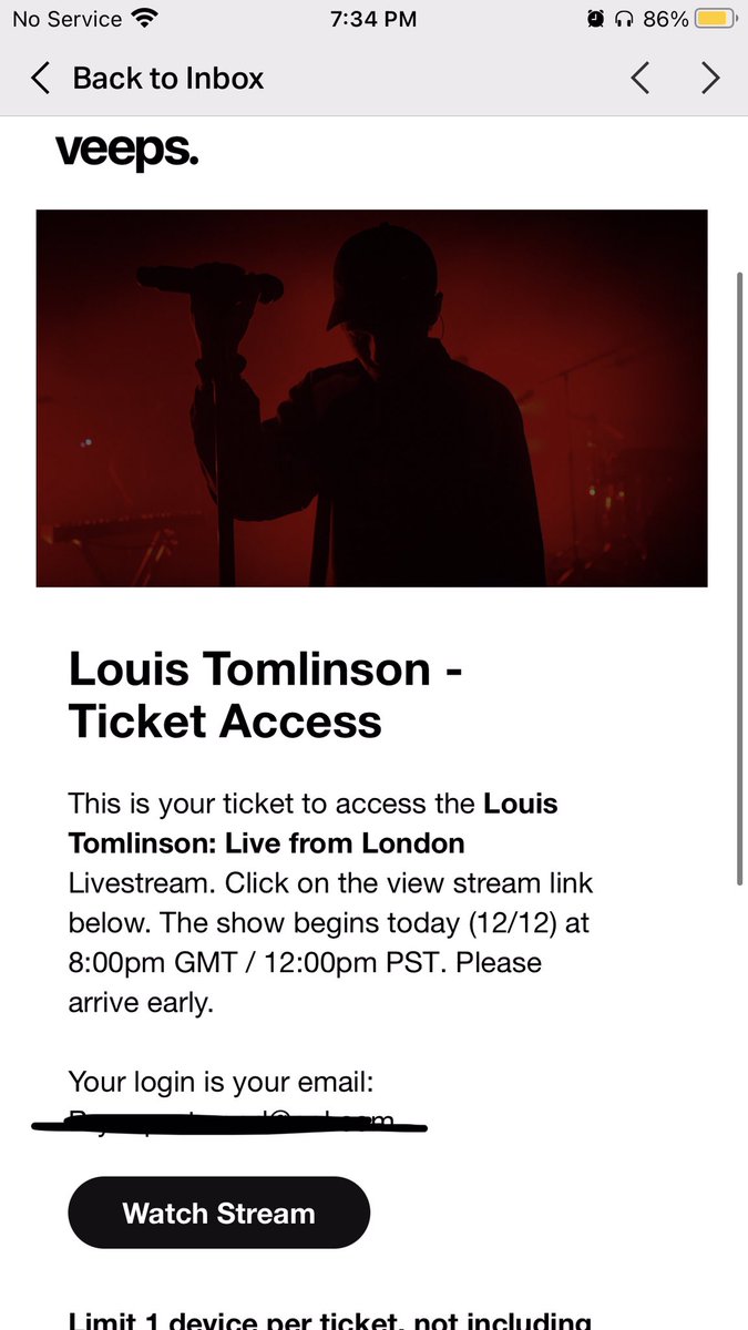 hlnlzdaily's tweet photo. For some reason, you can still watch Louis' livestream on Veeps. If you login or just go through the email from yesterday, it is still available to watch even though it is past the 28 hour mark. https://t.co/0MhRrNEs65