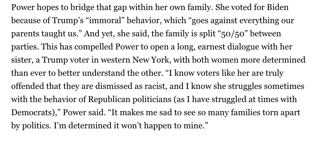 Meet Brenda. She voted Biden because Trump’s “immoral” behavior “goes against everything our parents taught us."And yet...her sister voted Trump. The two are talking it out. “It makes me sad to see so many families torn apart by politics. I’m determined it won’t happen to mine"