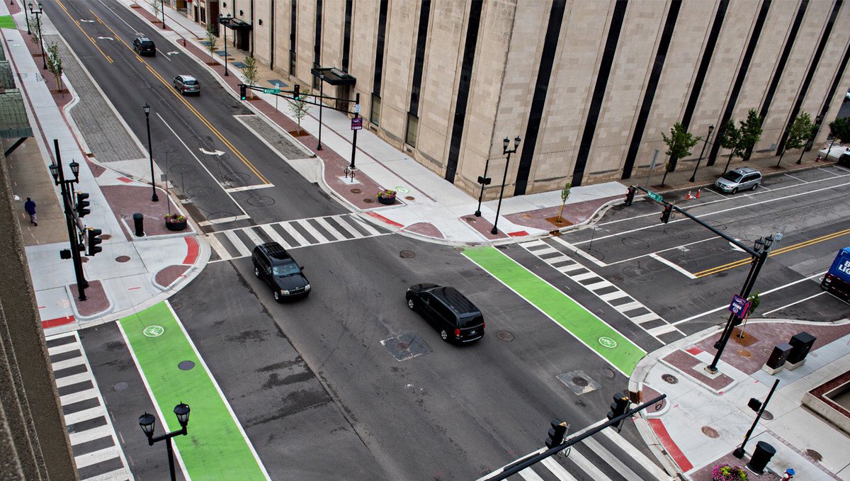 This was 4 lane one way highway right through downtown now has on street parking and dedicated bike lanes.