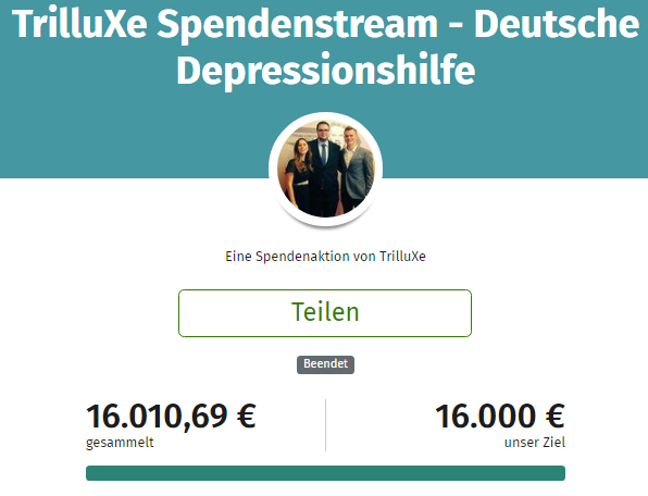 TrilluXe's tweet photo. 16.010,69€ von 613 Spendern für die Deutsche Depressionshilfe @depr_hilfe  haben wir heute im 13h Stream gesammelt.

Was ein Ergebnis, wirklich vielen Dank für den tollen Stream und die heftige Beteiligung! 👍 https://t.co/gwgKJi9Jci