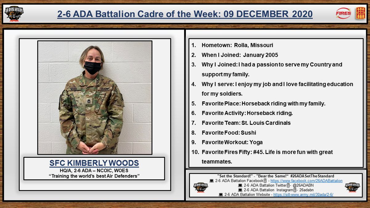 26ADABN's tweet photo. On behalf @26ADABN Team – congrats and thank you to this week’s “Kodiak Cadre of the Week”, SFC Kimberly Woods, HQ/A, 2-6 ADA – NCOIC, WOES. Great job SFC Woods! Continue to “Set the Standard!” in training the world’s best Air Defenders. https://t.co/Fk4pGSZu2J