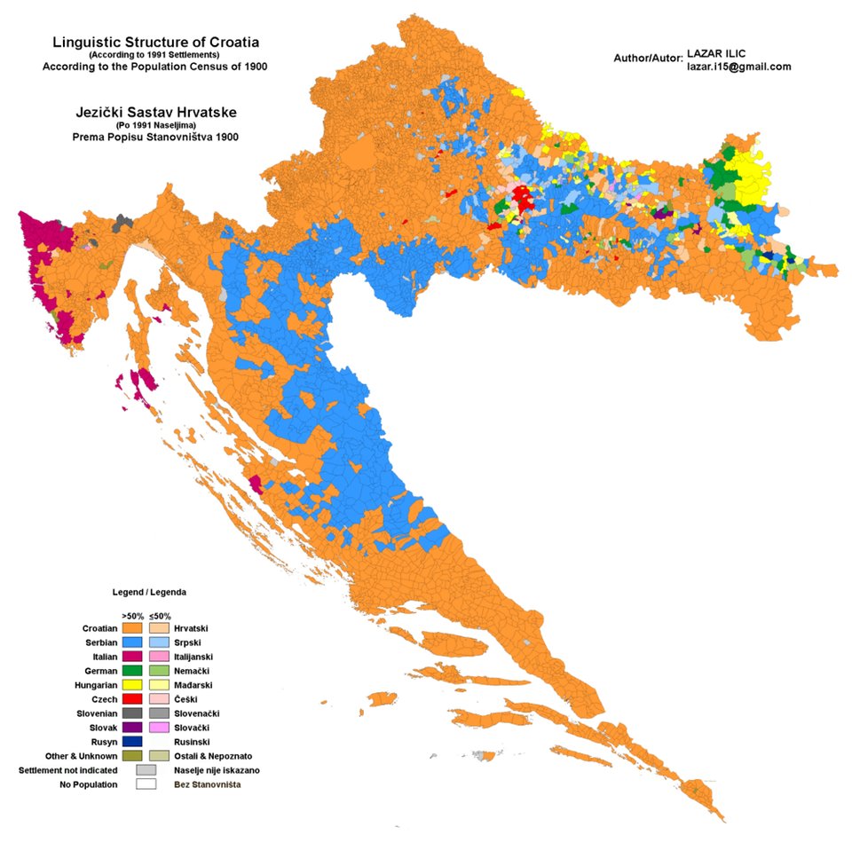12. Meanwhile,  #Croats didn't waste any time during the 20th century.This map shows the geographic coverage of the  #Serbs on the territory which is today contemporary  #Croatia.In 1900, the proportion of Serbs on that territory was 17.3% while Croats were 4x more numerous:68.3%.