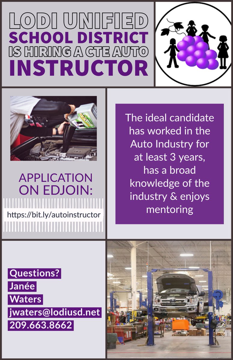 CTE Auto / Industrial Arts Teacher wanted!  Lodi Unified School District is hiring!  Apply today!  (please re-Tweet) #auto #cars #AutoTeacher #CTEteacher #jobs #hiring