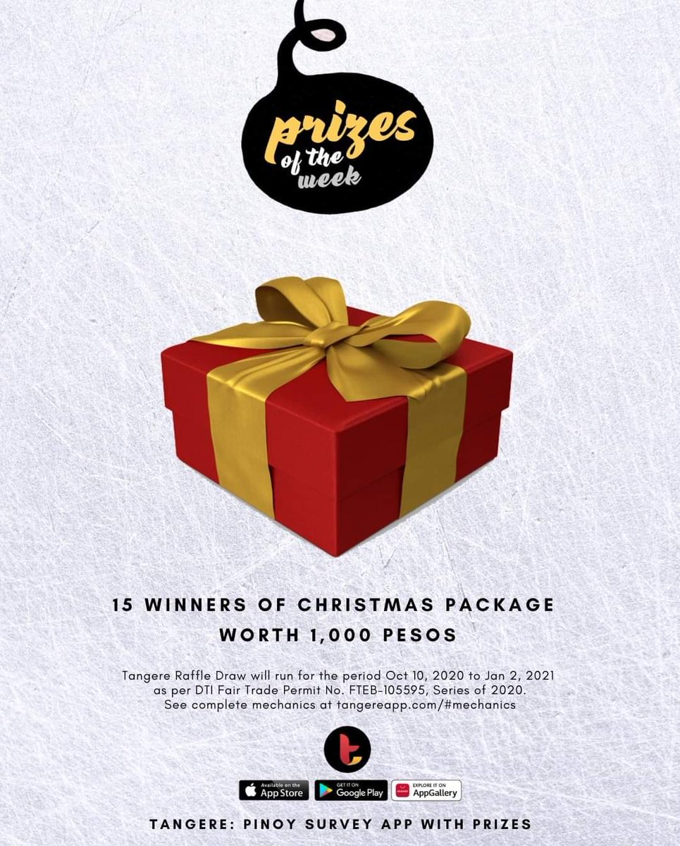 TangereApp's tweet photo. βΌοΈ WIN XMAS GIFT WORTH 1K βΌοΈ
Join in Tangere Raffle Draw this week and get a chance to win the below:
β 15 winners of Christmas package worth Php 1,000
#giveawayph #raffleph https://t.co/XR2NvGLJSe