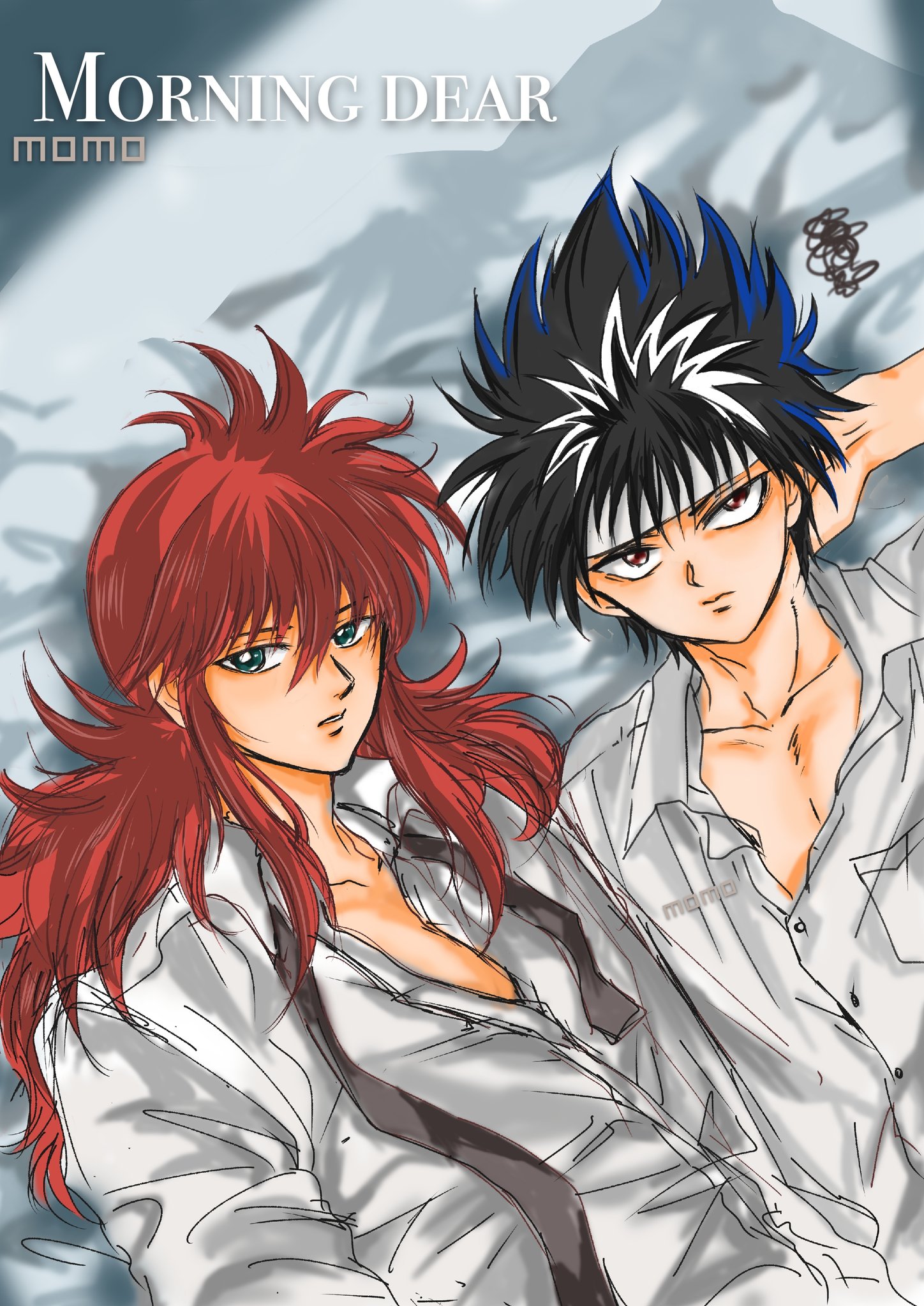 Momo魔魔黃on Twitter 電繪練習 晨早剛睡醒的二人 貌似忘記昨晚發生甚麼事 快點和我記起來喔 幽遊白書