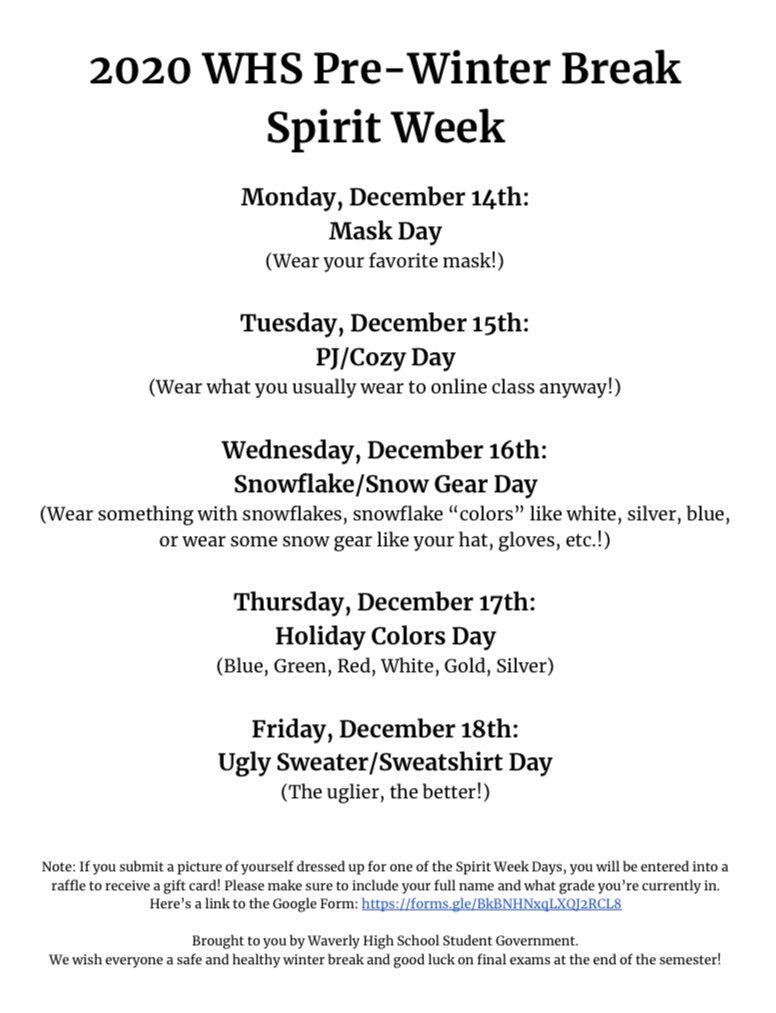 WavoSG's tweet photo. Hello Warriors! This week we will be having our Pre-Winter Break Spirit Week! Those of your who participate and send pictures of you in will be entered into a raffle for a free gift card! Happy Holidays Warriors! https://t.co/NoJFR4ODuI