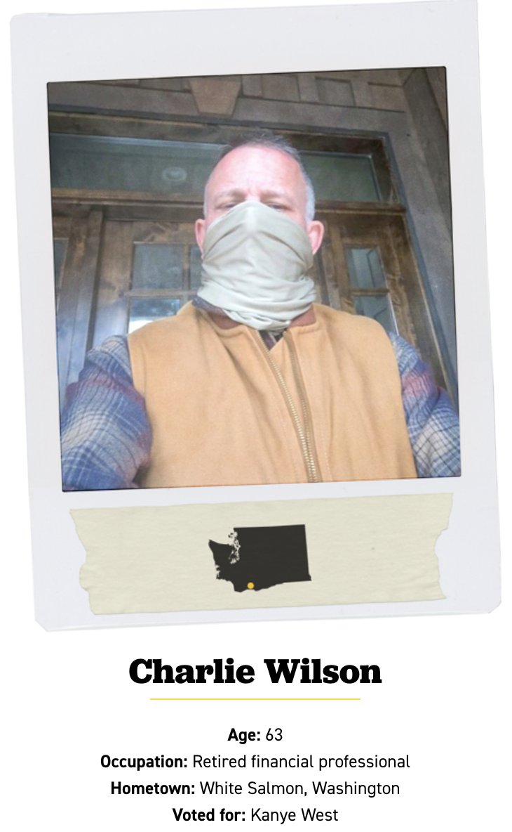 Meet Charlie, a singular character in this series. He told me: "The Democratic Party that I knew and supported for 40 years was on the side of the working people, but that just isn’t true now, either legislatively or culturally.”That's why he voted for...drum roll...  @kanyewest