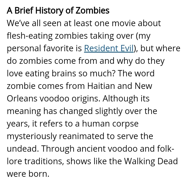 On the CDC site, a brief history of zombies mentions the game Resident Evil