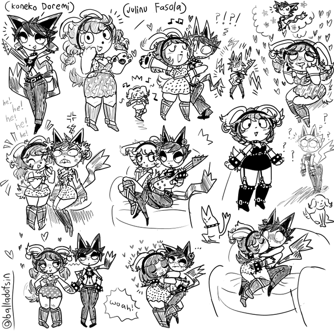 Bonus+!! Koneko Doremi &amp; Julinu Fasola, The tied between strings, a "couple" to feature in a funky, fiction band...
They're uh, fun to draw i suppose. 