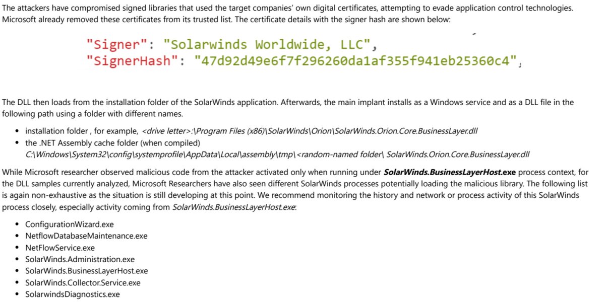 "While updating the SolarWinds application, the embedded backdoor code loads before the legitimate code runs. Organizations are misled into believing that no malicious activity has occurred and that the program or application dependent on the libraries is behaving as expected."