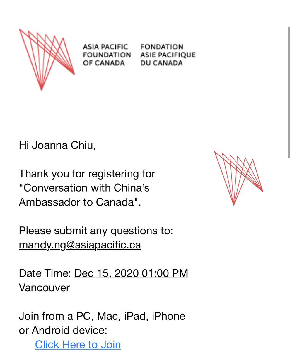 The  @AsiaPacificFdn is hosting a conversation with Chinese ambassador to Canada, Cong Peiwu, this Tuesday. I’ve submitted these questions. Hoping the moderator will pose them to the ambassador.