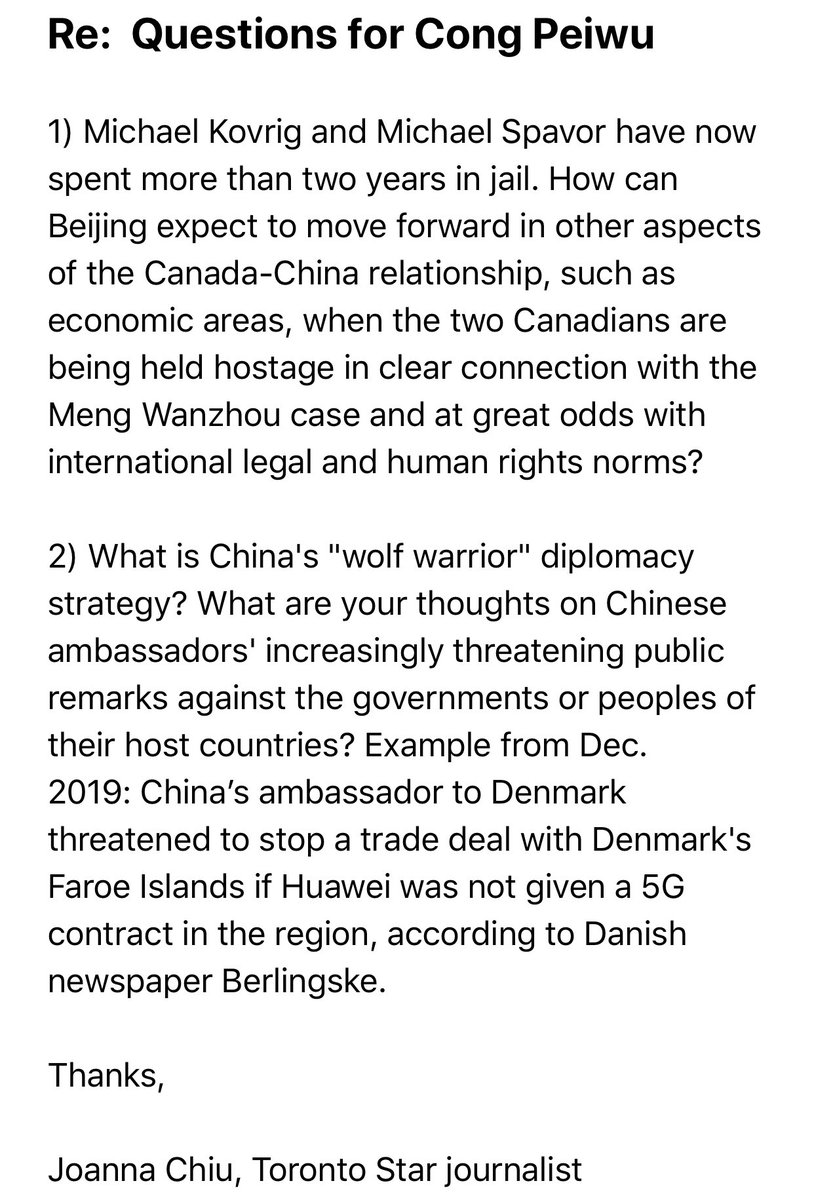 The  @AsiaPacificFdn is hosting a conversation with Chinese ambassador to Canada, Cong Peiwu, this Tuesday. I’ve submitted these questions. Hoping the moderator will pose them to the ambassador.