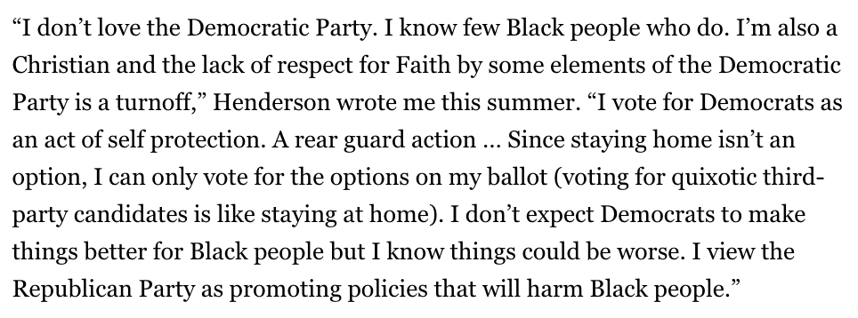 Meet Kevin. He offered some nuanced observations re: Democrats and the black electorate, with an implicit response to Trump's infamous "What do you have to lose?" line"I don’t expect Democrats to make things better for Black people but I know things could be worse," he told me.