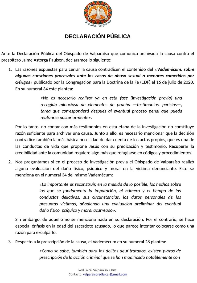 RedLaicalValpo's tweet photo. Declaración pública de la Red Laical de Valparaíso por la causa contra el presbítero Jaime Astorga Paulsen.
@IglesiaSinAbuso @eneas_e @JaimeConcha10 @SilbonitaB @HelmutKramer @alvaroramis @alejandramatus @sobrevive_chile https://t.co/4T4cBeaZMH