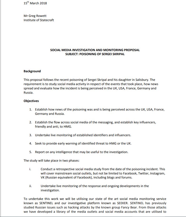 The Institute for Statecraft, Integrity Initiative. Using Sentinal a shared state of the art cyber monitoring platform currently in use with US law enforcement agencies, Europol and German Fed police. Analysis of perhaps millions of social media accounts including US citizens.