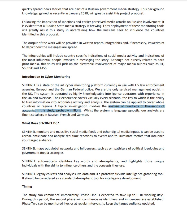 The Institute for Statecraft, Integrity Initiative. Using Sentinal a shared state of the art cyber monitoring platform currently in use with US law enforcement agencies, Europol and German Fed police. Analysis of perhaps millions of social media accounts including US citizens.