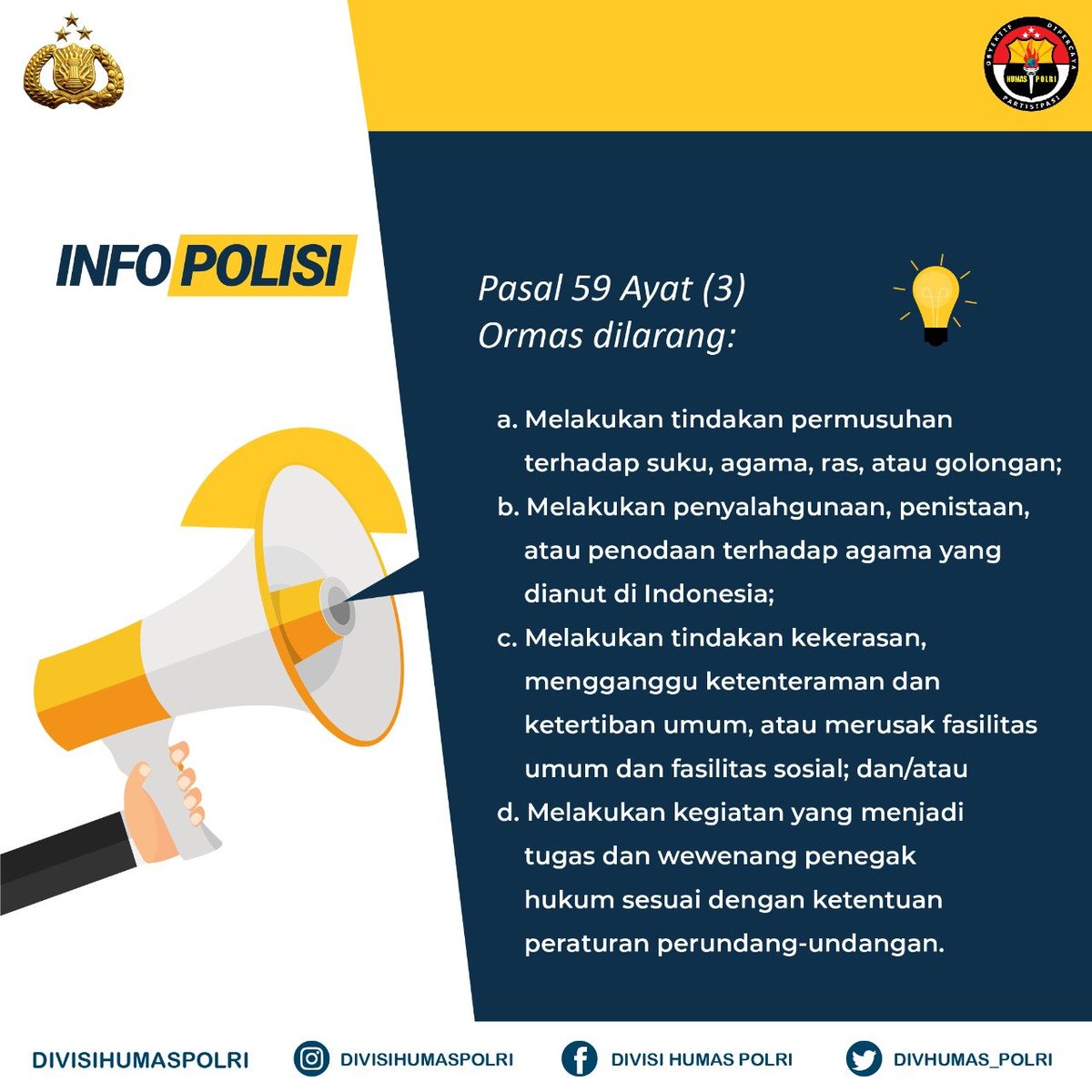 INFO POLISI

Apa sih isi dari Pasal 59 Ayat (3) Perppu Nomor 2 Tahun 2017? 

#HukumTegasNegaraAman 

#JalinPersatuan