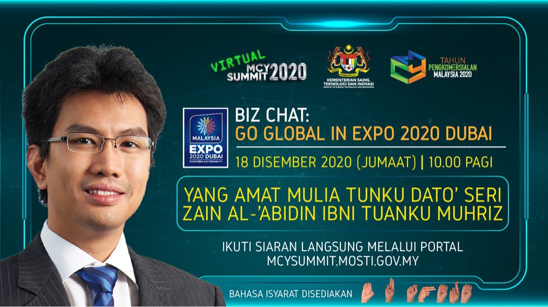 Expo20Malaysia's tweet photo. Our #MyButterflyEffect campaign Ambassador His Highness Tunku Zain Al-‘Abidin Ibni Tuanku Muhriz will talk on how businesses can penetrate global markets at #Expo2020Dubai @ virtual Malaysia Commercialisation Year Summit. Watch live on https://t.co/dpstK9mUoB, 10am, 18 Dec. https://t.co/HvvOZPNsZn