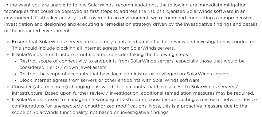 FireEye says in their post if you can't complete the Solarwinds Recommendations do this -