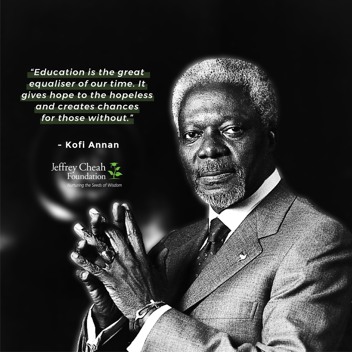 JeffreyCheahFDN's tweet image. Everyone deserves an equal opportunity in receiving quality education. Therefore, at Jeffrey Cheah Foundation, it is our blueprint to make quality education affordable and accessible for all. 

#UNSDG4 #KofiAnnan
