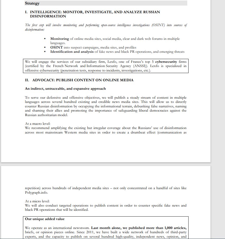 Strategies:I. INTELLIGENCE: MONITOR, INVESTIGATE, AND ANALYZE RUSSIAN DISINFORMATION-Monitoring of online media sites, social media, clear and dark web forums in multiple languages-OSINT into suspect campaigns, media sites, and profiles-Id and analysis of fake news etcTBC