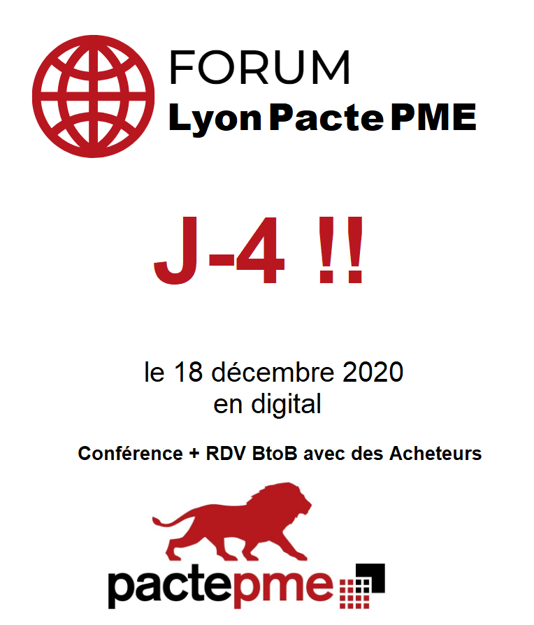 Plus que 4 jours pour s'inscrire !! FORUM Lyon Pacte PME, le 18.12.2020 (digital), sur les #Achats responsables. Conférence avec des intervenants d'exception, #RDV #BtoB entre les 100 #Acheteurs et nos 200 entreprises inscrits à l'évènement! lnkd.in/eYUC5HR