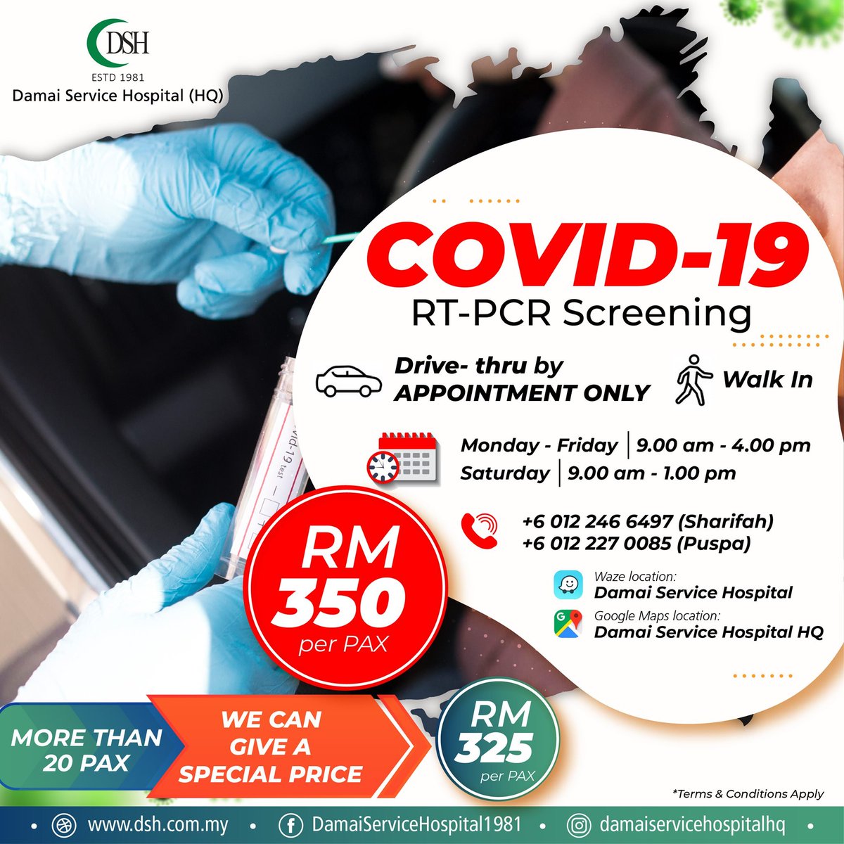 6. Damai Service HospitalHarga RM350 seorang. Jika lebih dari 20 orang, RM325 seorang. Boleh walk in atau drive-thru (melalui temujanji sahaja)Whatsapp atau hubungi nombor tertera untuk info lanjut.