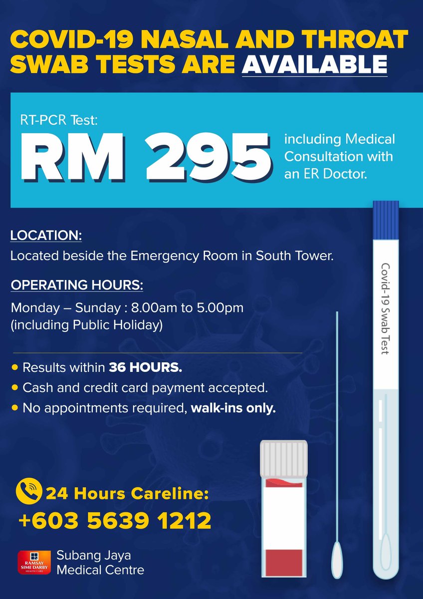 7. Subang Jaya Medical CentreBuka Isnin hingga Ahad termasuk cuti umum. Keputusan boleh didapati dalam masa 36 jam. Boleh terus walk in tanpa perlu temu janji.Harga: RM295/pax  https://www.subangjayamedicalcentre.com/promotion-events/covid-19-nasal-and-throat-swab-tests-are-available