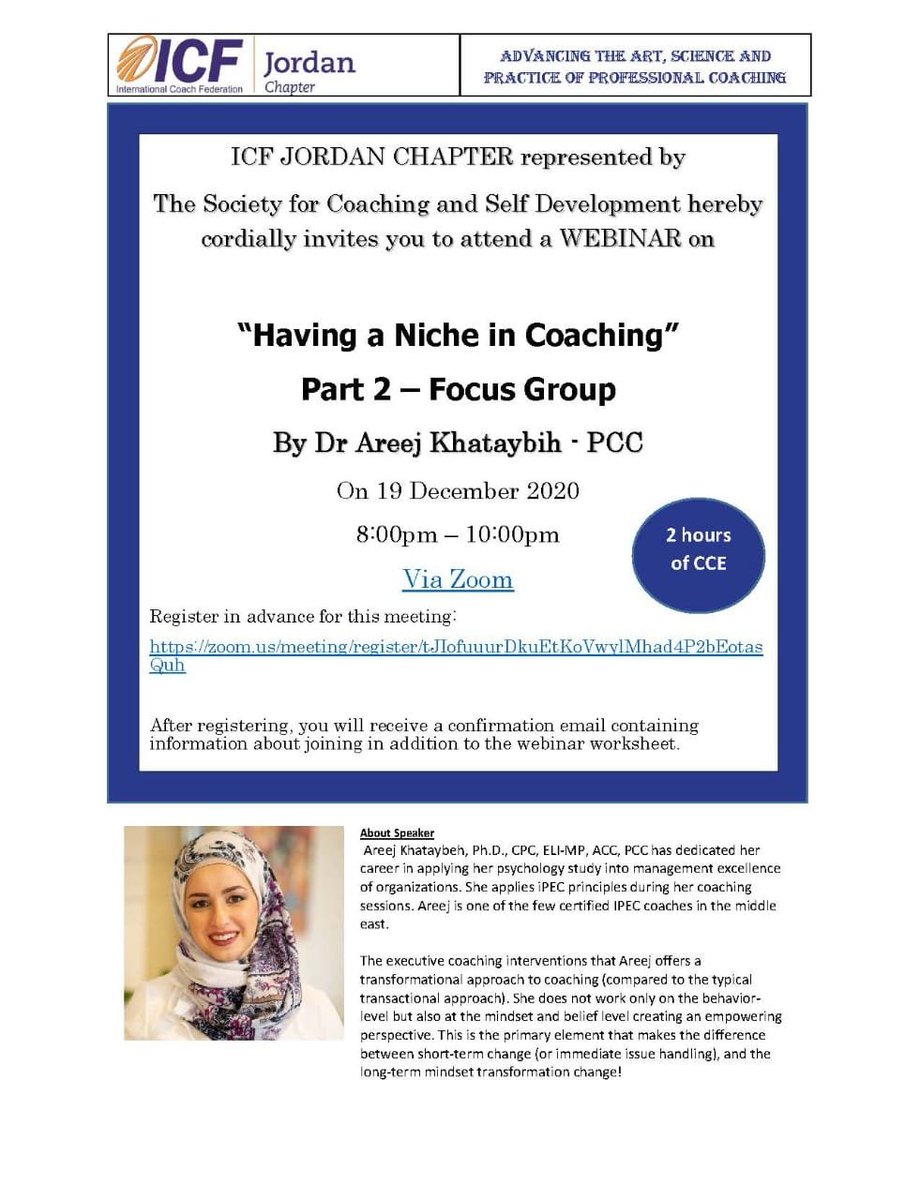 DoctorAreejK's tweet photo. Glad to invite you to attend a workshop on
“Having a Niche in Coaching - Part 2” in which we will discover the link between your coaching field and your personal story.
📢 Please register in advance:
https://t.co/ssoVCZUhe4
#icfcoach #ICF #sparkback https://t.co/PH1ucYk9TS