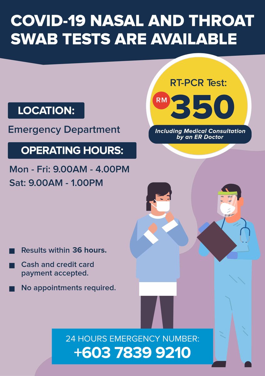 8. Ara Damansara Medical CentreWaktu Operasi:  Isnin - Jumaat: 9AM-4PM Sabtu: 9AM-1PMTak perlu temujanji. Boleh terus walk in. Keputusan dalam masa 36 jam. Harga: RM350/pax  https://www.aradamansaramedicalcentre.com/promotion-events/covid-19-nasal-and-throat-swab-test