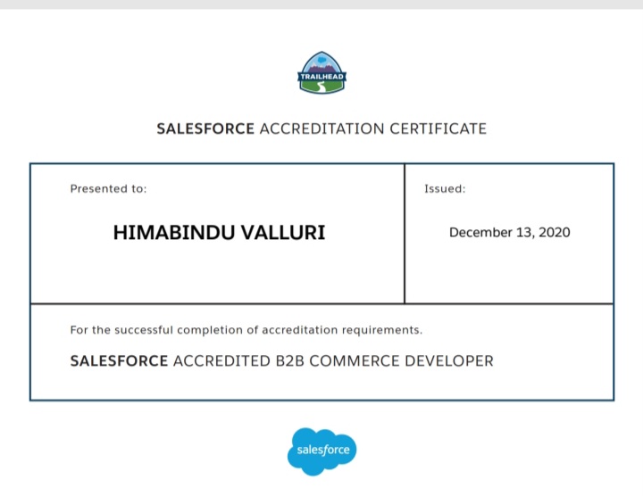 One more in my Bucket🥳..
#SalesforceCertified #B2bCommerce #SalesforceB2BDeveloper
@trailhead @chdsfdg @satyagoluguri @docmation @salesforce @MVGRCEA