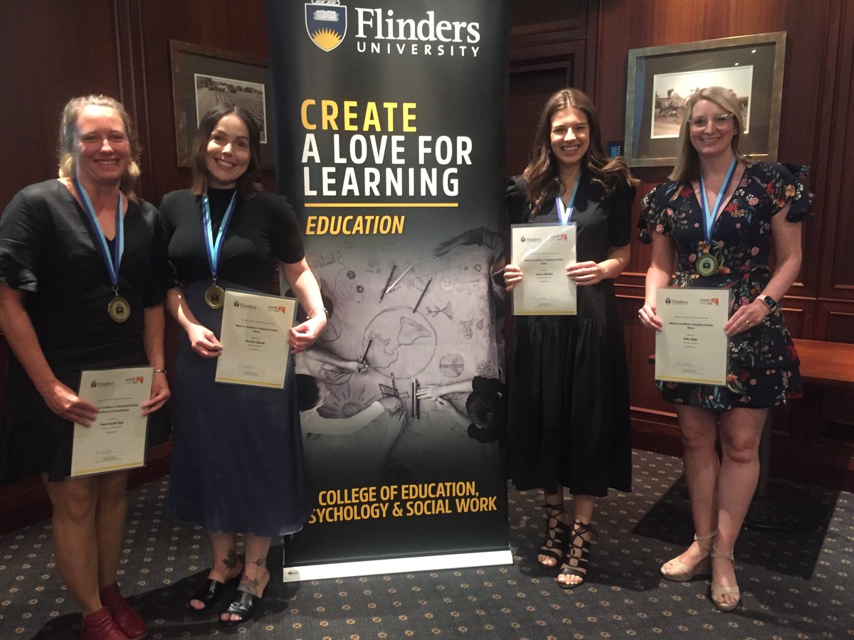 KBissaker's tweet photo. Celebrating our Medal of Excellence winners for #FlindersUniversity teaching graduates. Fabulous ambassadors for Flinders and the profession too #careerready #supergraduates https://t.co/aLG3KLxSHh