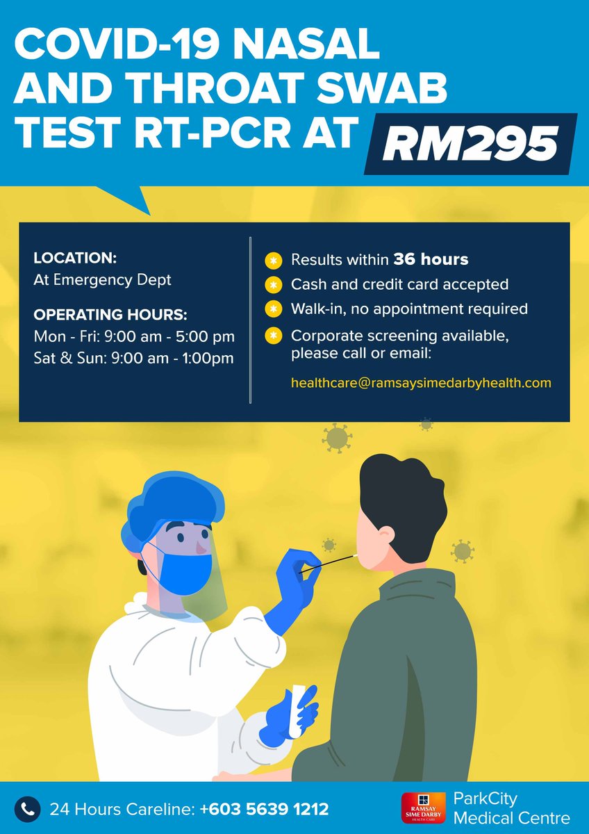 9. ParkCity Medical CentreWaktu Operasi:  Isnin - Jumaat: 9AM-5PM Sabtu - Ahad: 9AM-1PMTak perlu temujanji. Boleh terus walk in. Keputusan dalam masa 36 jam. Harga: RM295/pax  https://www.parkcitymedicalcentre.com/promotion-events/covid-19-test-rm-295