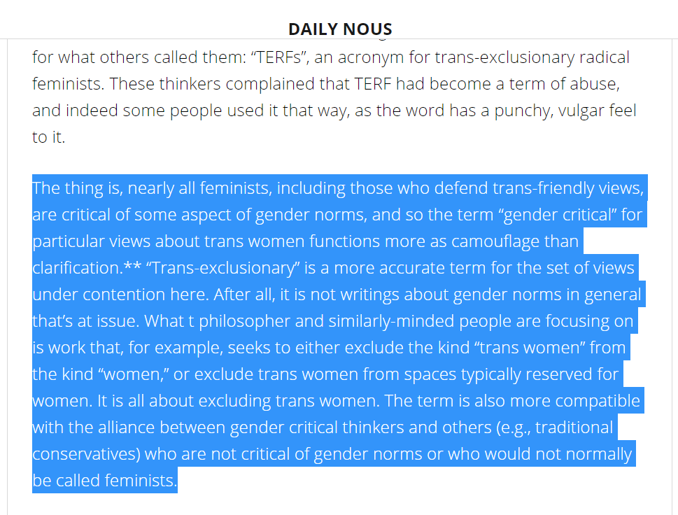 2/5 because most feminist are 'gender-critical'. Apparently there are only two options on the table: 'trans-exclusive' or 'gender-critical'. I am not impressed with this kind of reasoning. He actually declared, in the above post, any questioning of this issue 'verboten'. Because