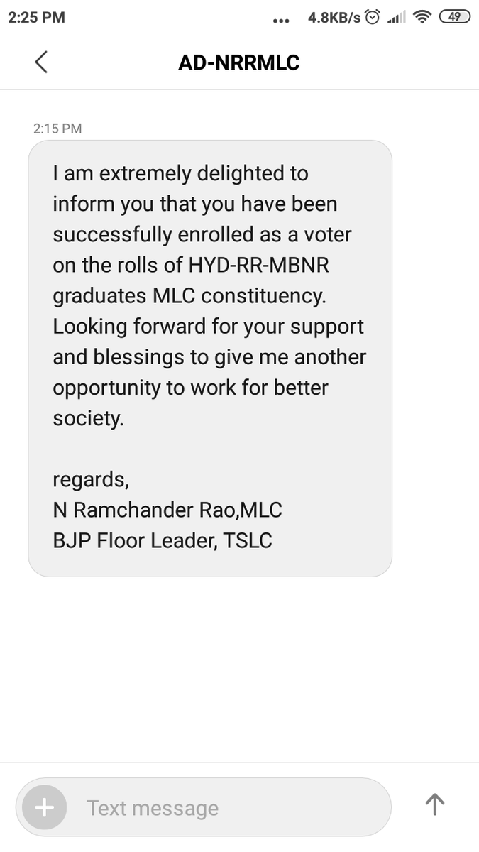 digitaldutta's tweet photo. I registered for MLC voter lists in Telangana and I get a message from the BJP Floor Leader about my successful enrollment. How are my details shared with BJP @ECISVEEP ? https://t.co/zeS1laEct6
