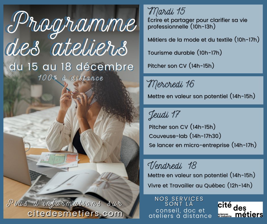 👀 Au programme de notre OFFRE À DISTANCE cette semaine :  
✔️conseils individuels
✔️ressources documentaires en ligne
✔️et des ateliers ! 👇
Infos, contact &amp; inscriptions : buff.ly/2OH64w3
<a href="/bibliothequeBSI/">Bibliothèque - Cité des sciences et de l'industrie</a> <a href="/citedessciences/">Cité des sciences et de l'industrie</a> @Thinkmapping <a href="/BGEPaRIF/">BGE PaRIF</a>