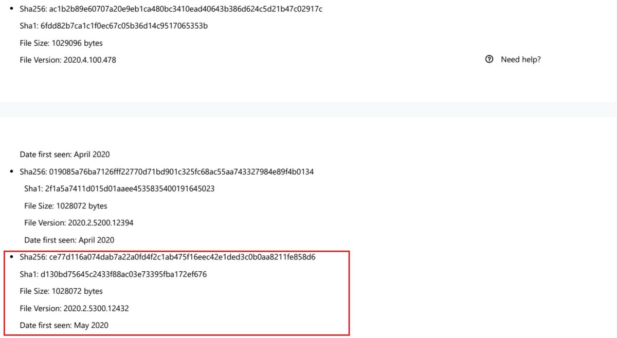 Malicious  #SUNBURST DLL CE77D116A074DAB7A22A0FD4F2C1AB475F16EEC42E1DED3C0B0AA8211FE858D6 from May 2020 can be found in CoreInstaller.msi for 2020.2.5320.27438 -hxxps://downloads.solarwinds[.]com/solarwinds/CatalogResources/Core/2020.2/2020.2.5320.27438/CoreInstaller.msi