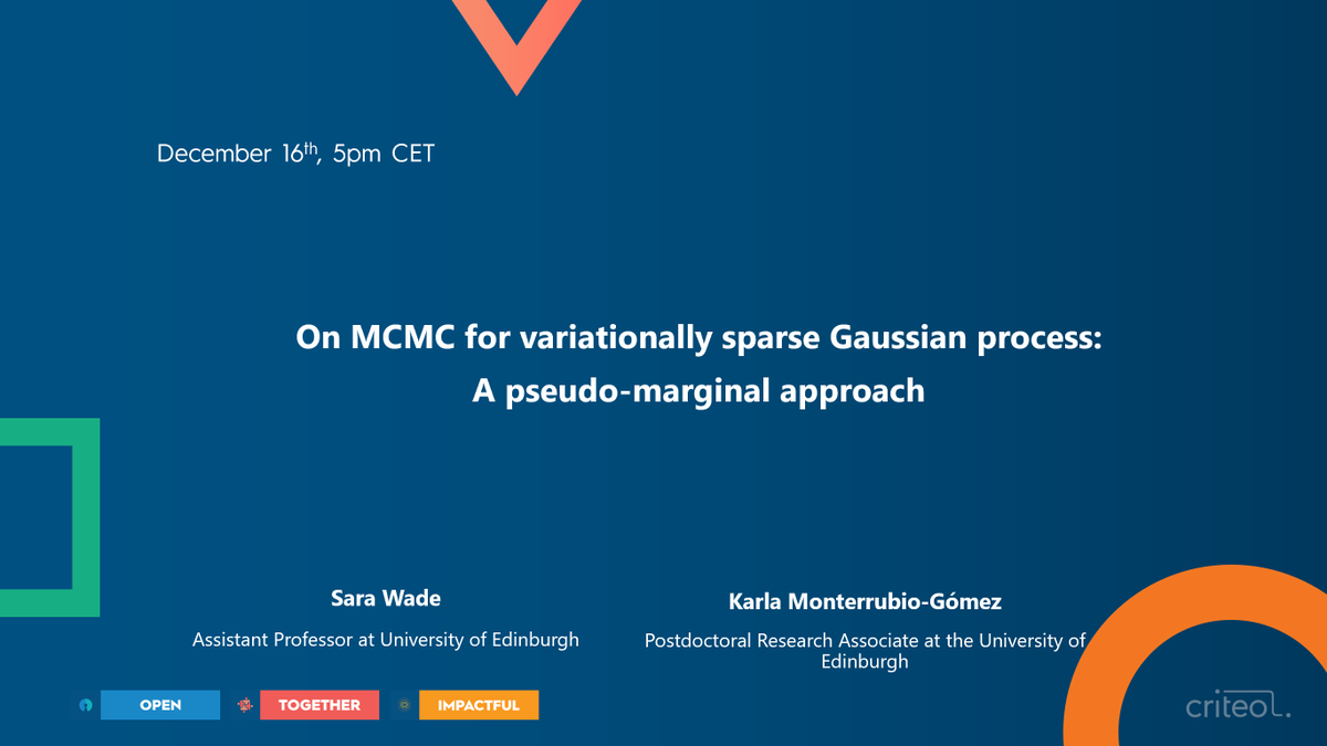 CriteoAILab's tweet photo. Laplace’s Demon series
Want to find out how a pseudo-marginal approach to a Gaussian process with MCMC offers asymptotically exact inference as well as computational gains?

Join our talk and find out on Dec 16 👉https://t.co/dwoag0spDn

@BayesianIn @monterrubiok #MachineLearning https://t.co/7UkERS7UkY